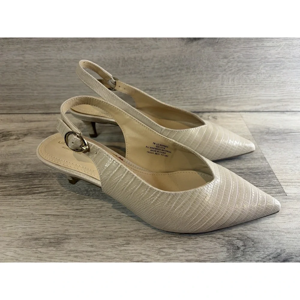 Liz‎ Claiborne Quebec Beige Pointed Toe Slingback Kitten Heel Pumps US 7 M